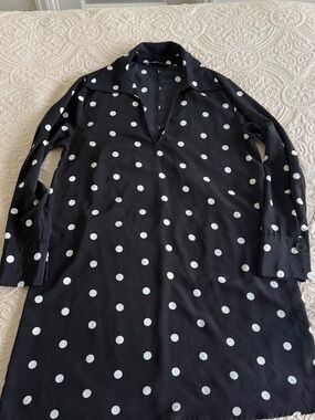 Zara Black Mini Dress with White Polka Dots and Collared V-Neck
